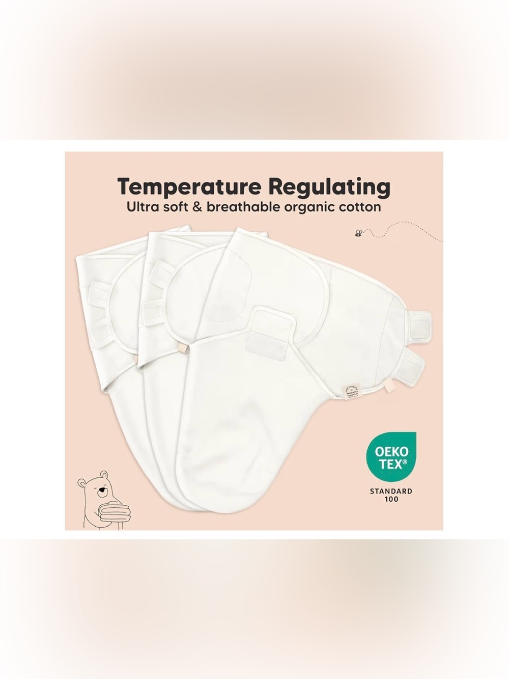KeaBabies 3-Pack Organic Baby Swaddle Sleep Sacks 0-3 Months Bumble Bear - Picture 4 of 7